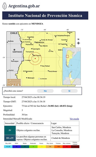 Un fuerte sismo sacudió a la provincia de Mendoza