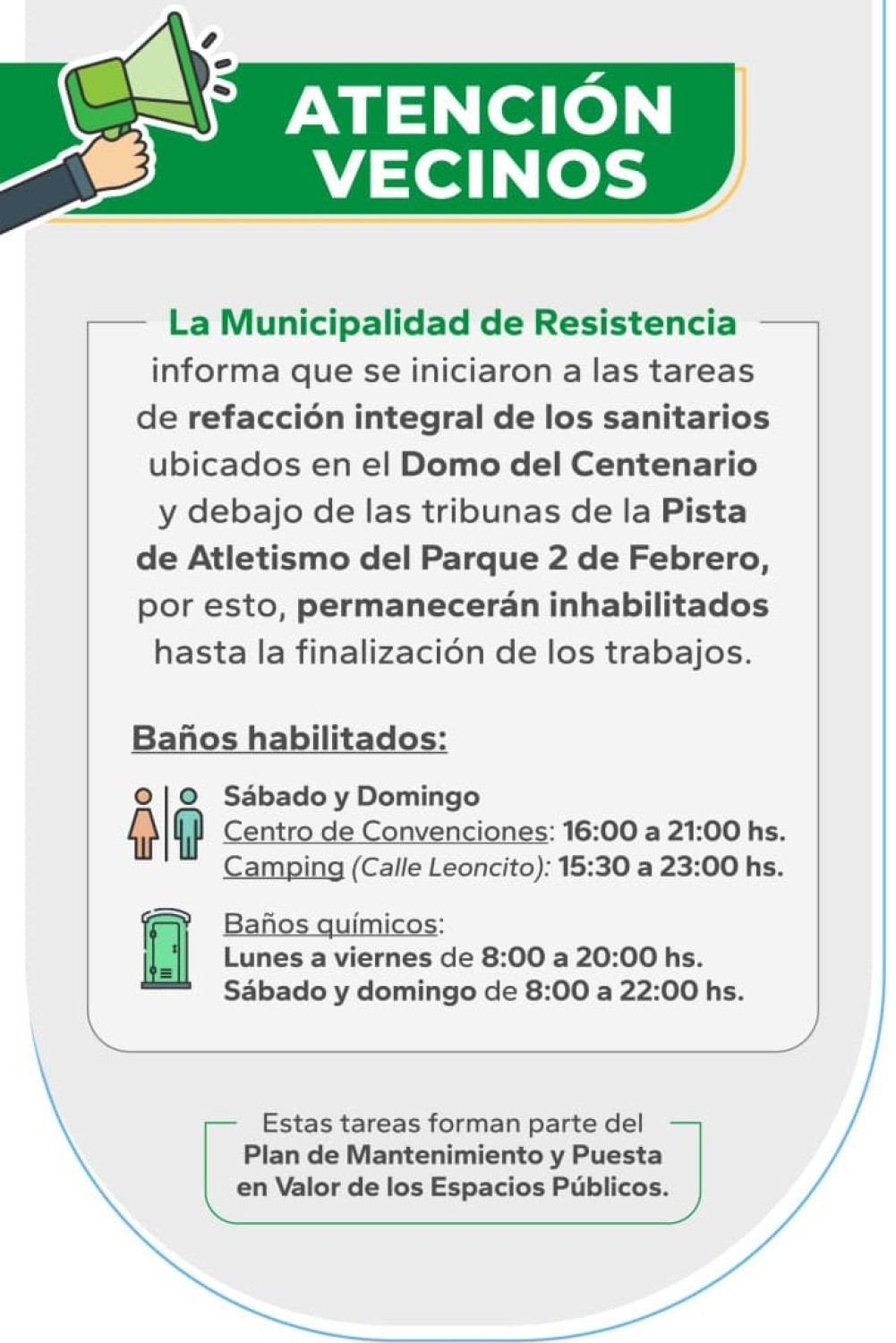 INICIARON TRABAJOS DE REFACCI&Oacute;N EN LOS BA&Ntilde;OS DEL DOMO Y DEL PARQUE 2 DE FEBRERO