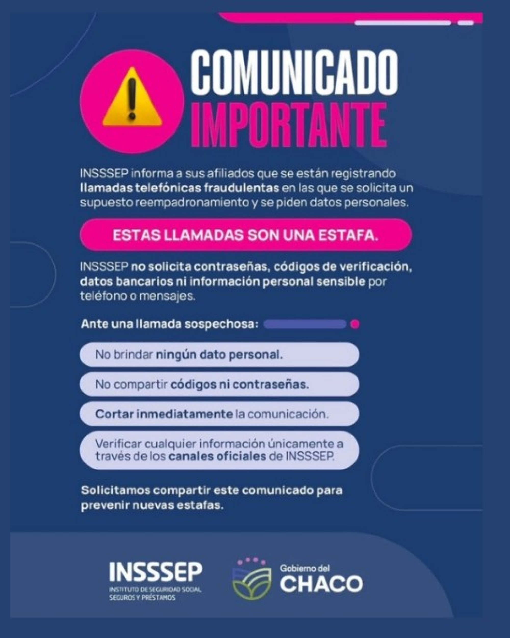 ALERTA: EL INSSSEP REITERA QUE NO REALIZA NINGUNA CAMPA&Ntilde;A DE REEMPADRONAMIENTO Y ADVIERTE SOBRE POSIBLES ESTAFAS