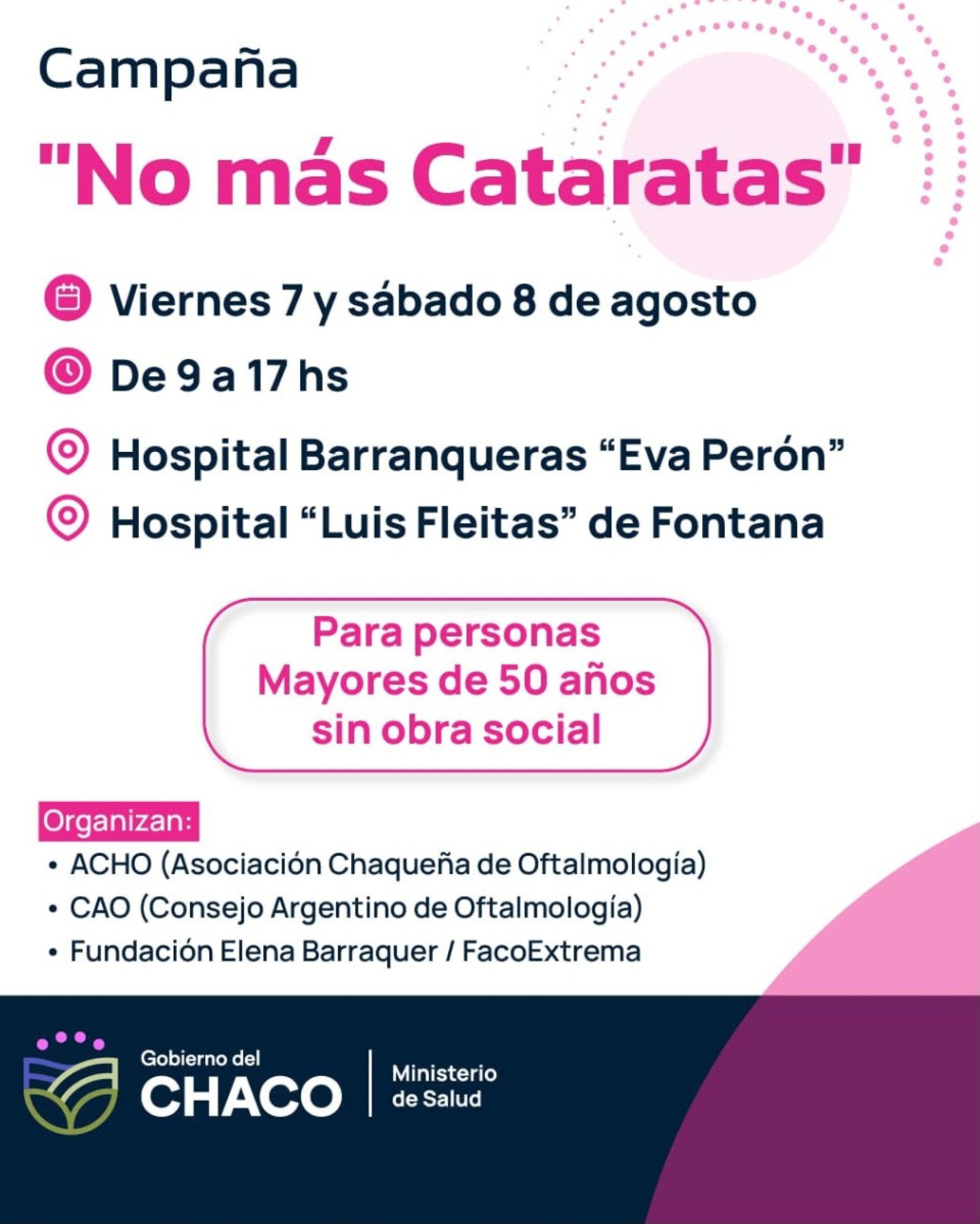 LLEGA LA CAMPA&Ntilde;A &ldquo;NO M&Aacute;S CATARATAS&rdquo;: REALIZAR&Aacute;N PESQUISAS GRATUITAS EN BARRANQUERAS Y FONTANA