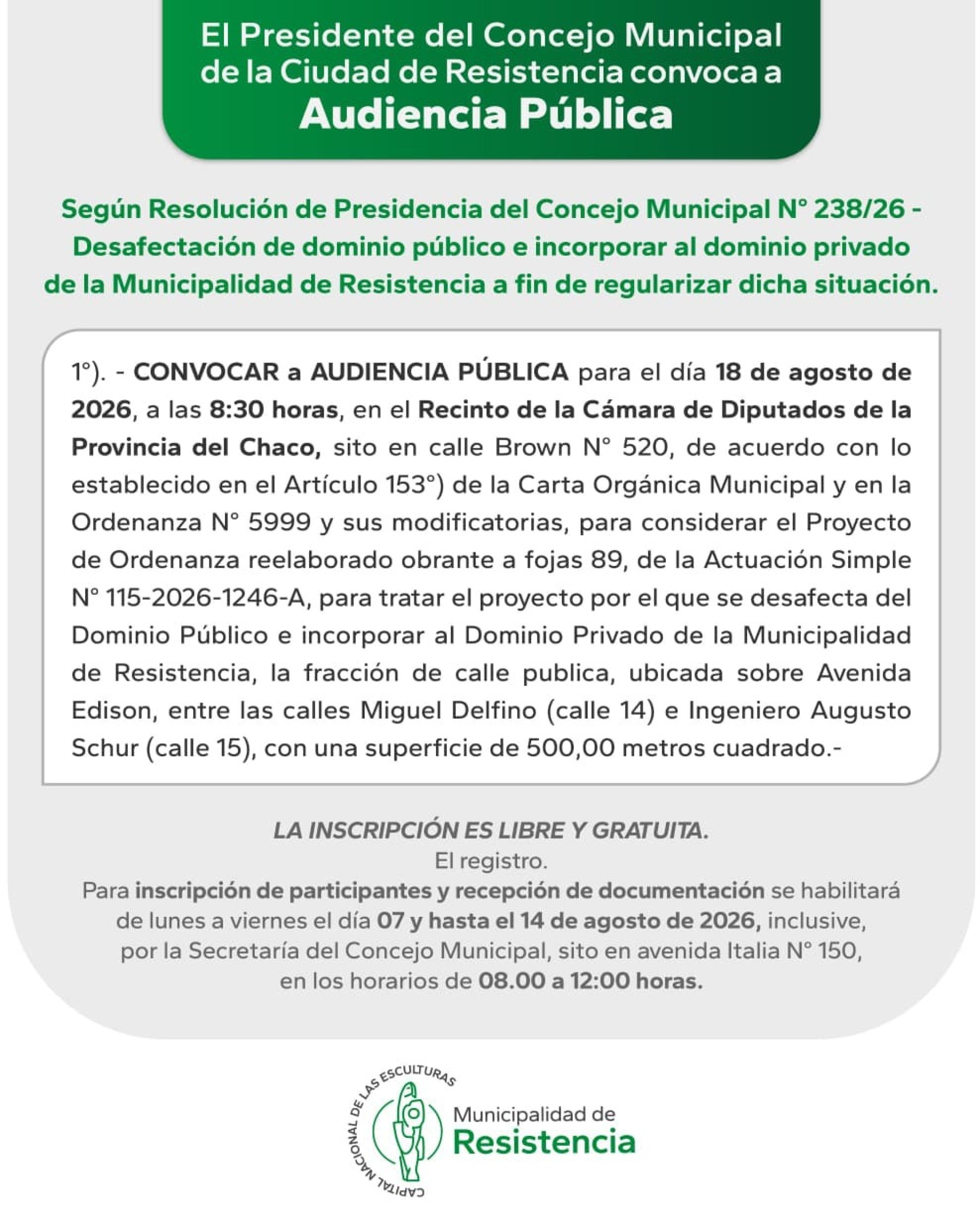 AUDIENCIA P&Uacute;BLICA PARA REGULARIZAR LA SITUACI&Oacute;N DOMINIAL DE UNA CALLE P&Uacute;BLICA 
